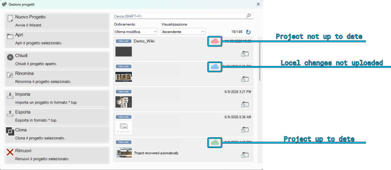 Cloud project status in the project manager 