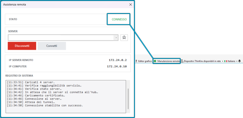 Connessione remota attiva nel Thinknx Configurator