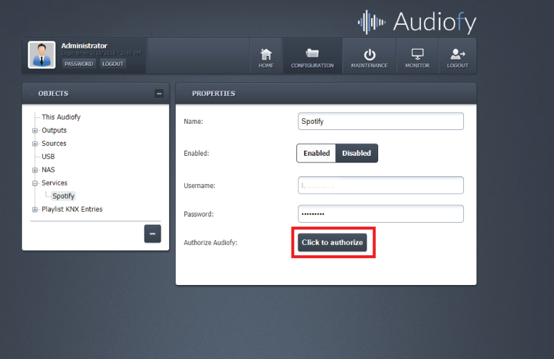 The configuration page of the Audiofy